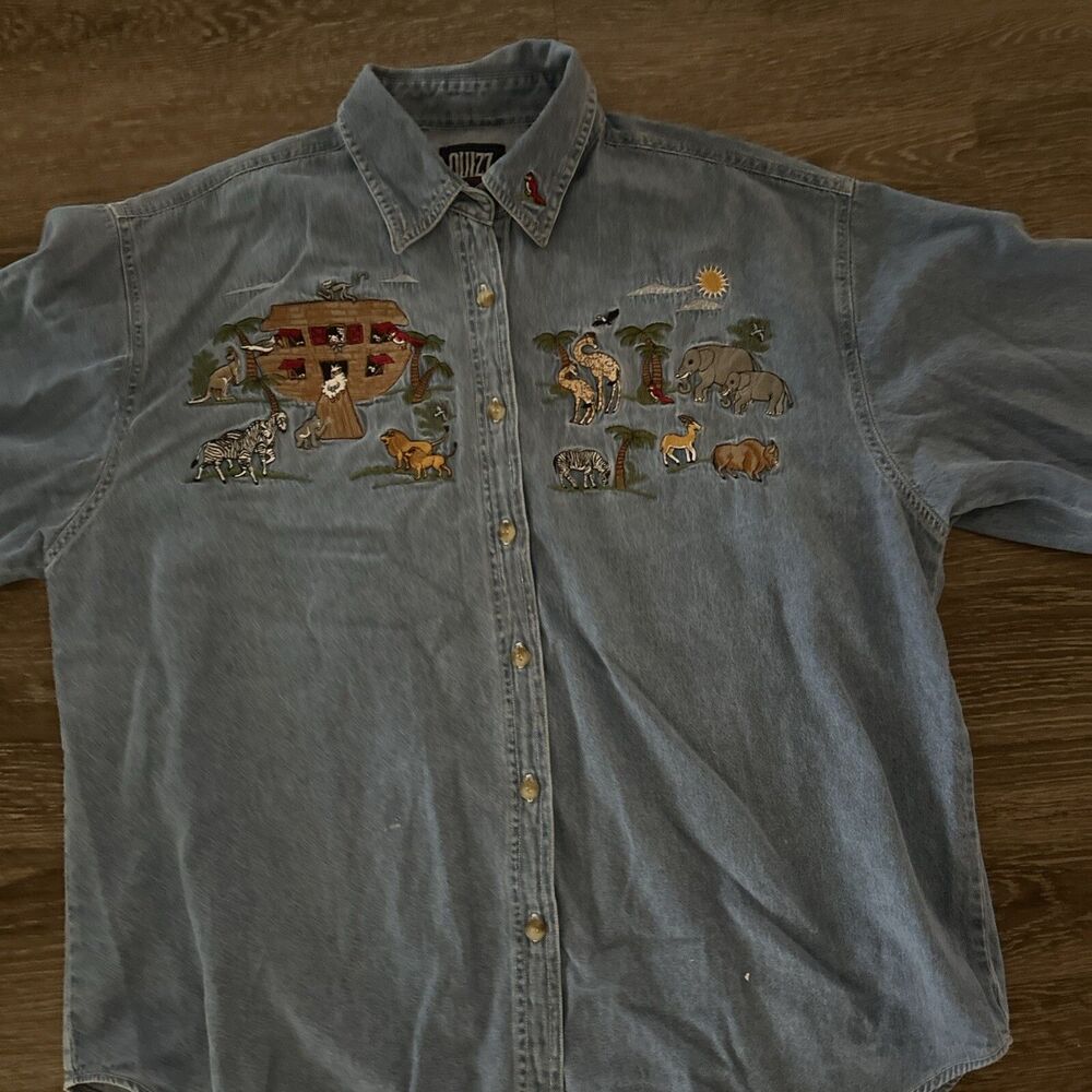 Quizz N.Y.  VTG Womens Denim  Embroidered Animal Noahs Ark Church Cottage Core